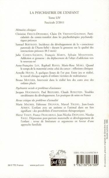 Quatrième de couverture de « PSYCHIATRIE DE L'ENFANT 2011, VOL. 54 (2) »