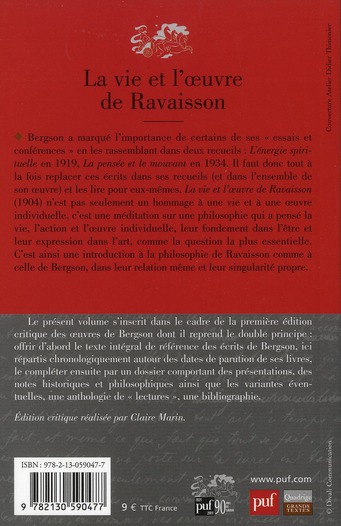Quatrième de couverture de « LA VIE ET L'OEUVRE DE RAVAISSON »