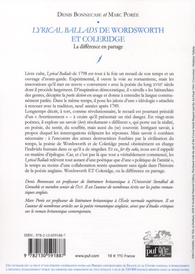 Quatrième de couverture de « LYRICAL BALLADS DE WILLIAM WORDSWORTH ET SAMUEL TAYLOR COLERIDGE - LA DIFFERENCE EN PARTAGE »