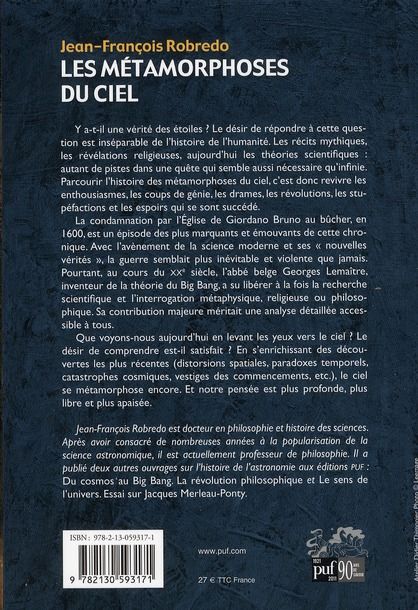 Quatrième de couverture de « LES METAMORPHOSES DU CIEL - DE GIORDANO BRUNO A L'ABBE LEMAITRE »