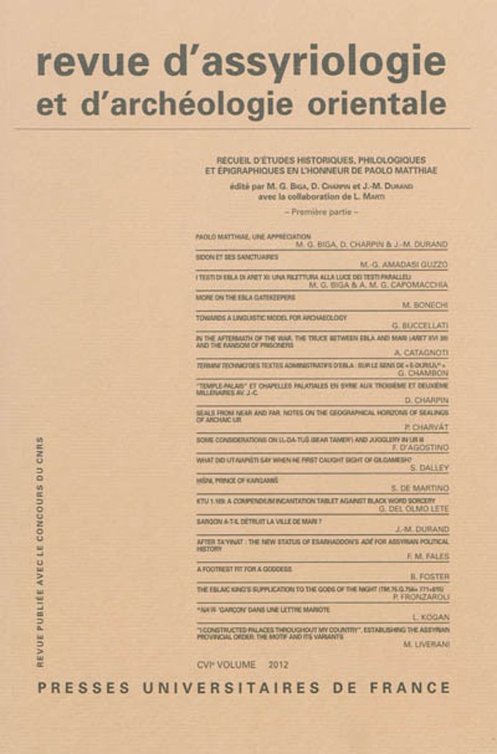 Couverture du livre « REV. D'ASSYRIO. ET D'ARCHEO. ORIENT. 2012, VOL. 106 - VARIA » de Xxx, librairie Les Contes Infusés à Corte