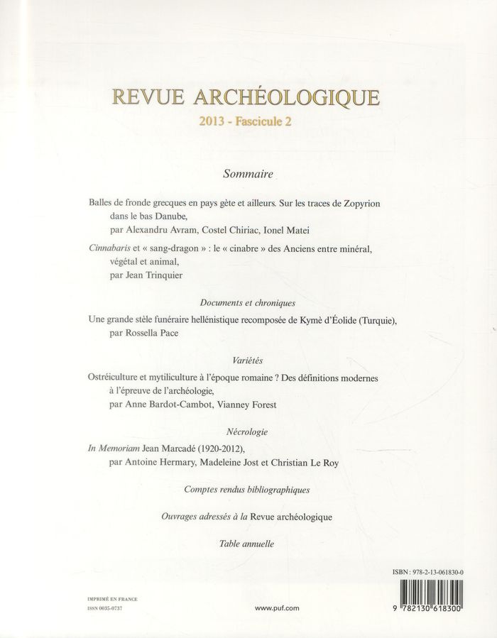 Quatrième de couverture de « REVUE ARCHEOLOGIQUE 2013, N 2 - VARIA »