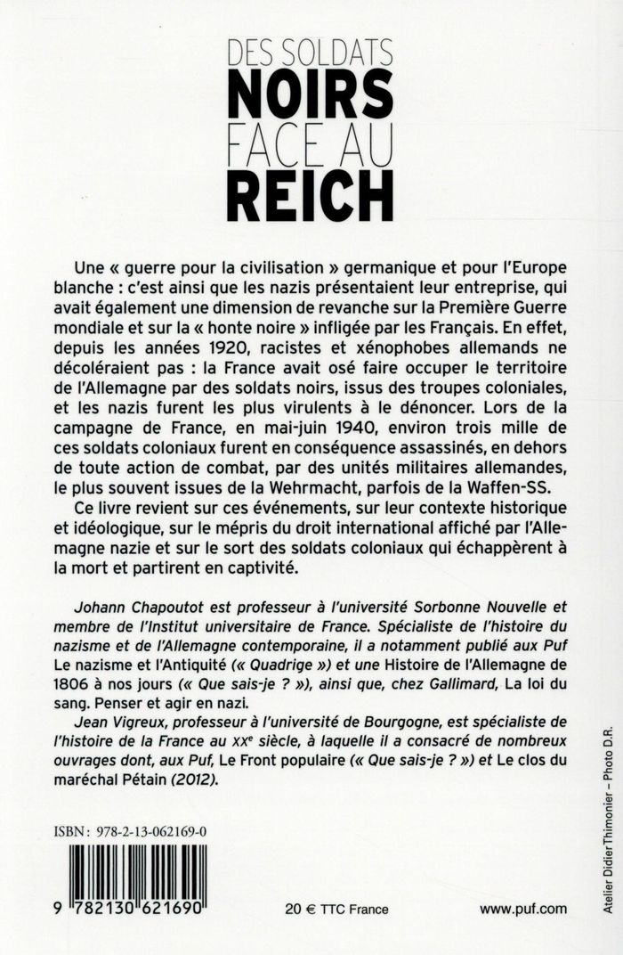 Quatrième de couverture de « Des soldats noirs face au Reich : les massacres racistes de 1940 »