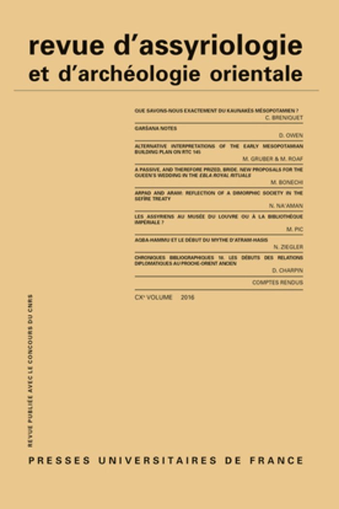 Couverture du livre « REV. D'ASSYRIO. ET D'ARCHEO. ORIENT. 2016, VOL. 110 » de Xxx, librairie Les Contes Infusés à Corte