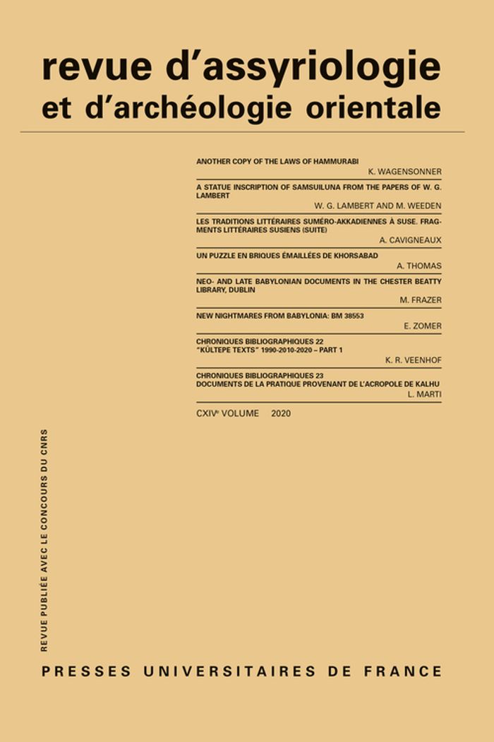Couverture du livre « REV. D'ASSYRIO. ET D'ARCHEO. ORIENT. 2020, VOL. 114 » de Xxx, librairie Les Contes Infusés à Corte