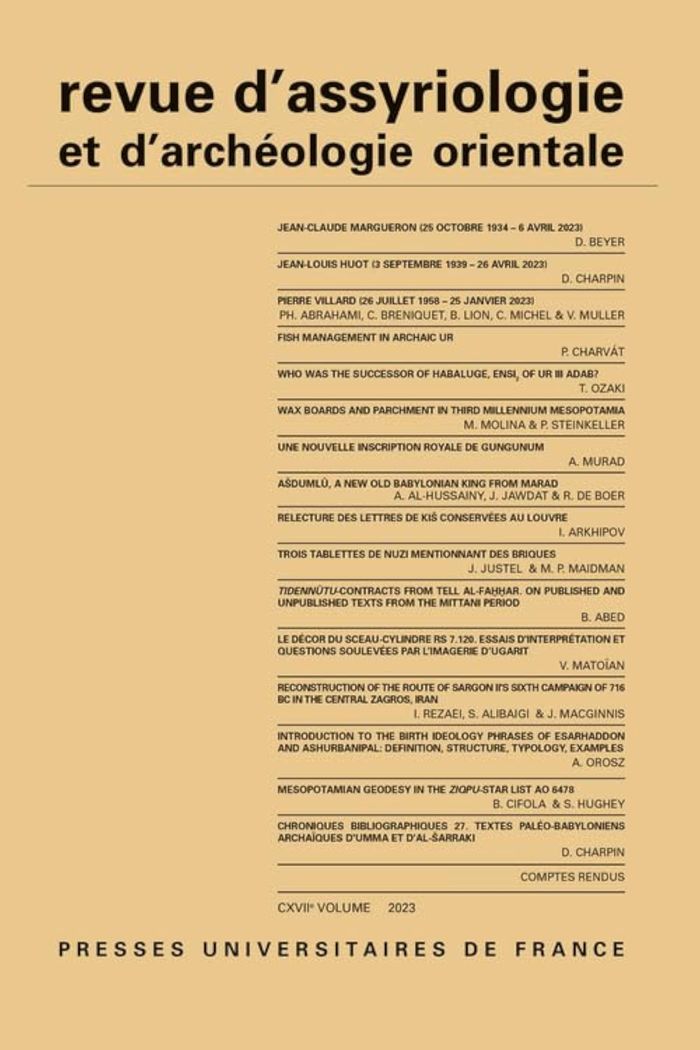 Couverture du livre « REVUE D'ASSYRIOLOGIE ET D'ARCHEOLOGIE ORIENTALE 2023, VOL. 117 » de Xxx, librairie Les Contes Infusés à Corte