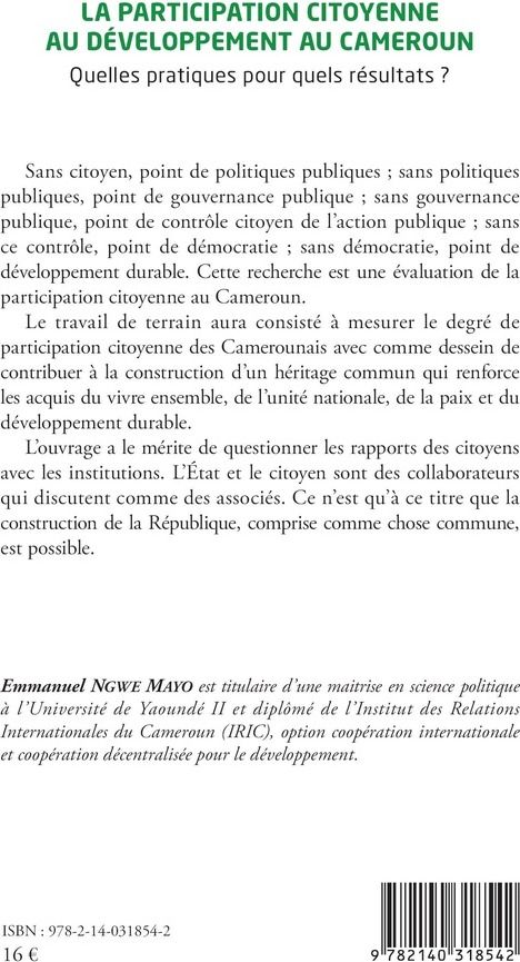 Quatrième de couverture de « LA PARTICIPATION CITOYENNE AU DEVELOPPEMENT AU CAMEROUN - QUELLES PRATIQUES POUR QUELS RESULTATS ? »