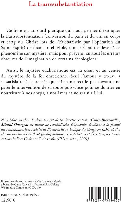 Quatrième de couverture de « LA TRANSSUBSTANTIATION - HOMMAGE A SAINT THOMAS D'AQUIN »