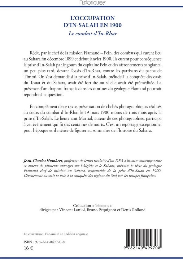 Quatrième de couverture de « L'OCCUPATION D'IN-SALAH EN 1900 - LE COMBAT D'IN-RHAR »