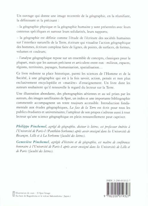Quatrième de couverture de « LA FACE DE LA TERRE - ELEMENTS DE GEOGRAPHIE »