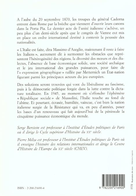 Quatrième de couverture de « L'ITALIE CONTEMPORAINE, DU RISORGIMENTO A LA CHUTE DU FASCISME »