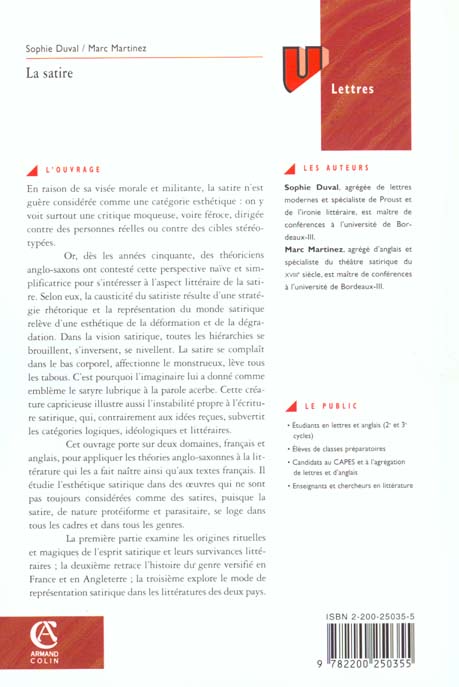 Quatrième de couverture de « LA SATIRE - LITTERATURES FRANCAISE ET ANGLAISE »