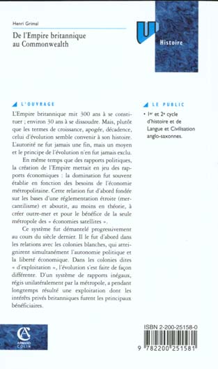 Quatrième de couverture de « DE L'EMPIRE BRITANNIQUE AU COMMONWEALTH »