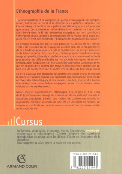Quatrième de couverture de « ETHNOGRAPHIE DE LA FRANCE - HISTOIRE ET ENJEUX CONTEMPORAINS DES APPROCHES DU PATRIMOINE ETHNOLOGIQU »