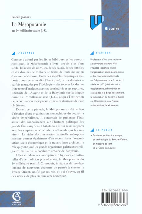 Quatrième de couverture de « LA MESOPOTAMIE AU 1ER MILLENAIRE AVANT J.-C. »