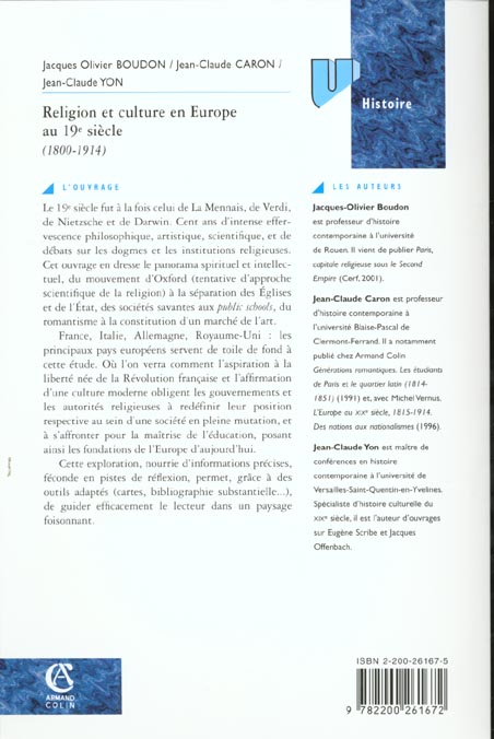 Quatrième de couverture de « RELIGION ET CULTURE EN EUROPE AU 19E SIECLE - 1800-1914 »