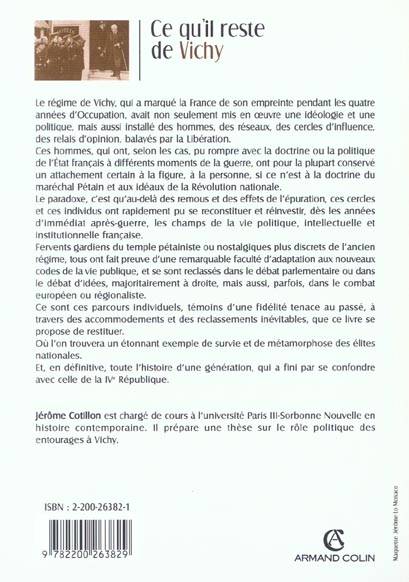 Quatrième de couverture de « CE QU'IL RESTE DE VICHY »