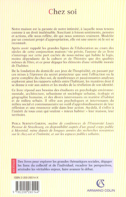 Quatrième de couverture de « CHEZ SOI - LES TERRITOIRES DE L'INTIMITE »