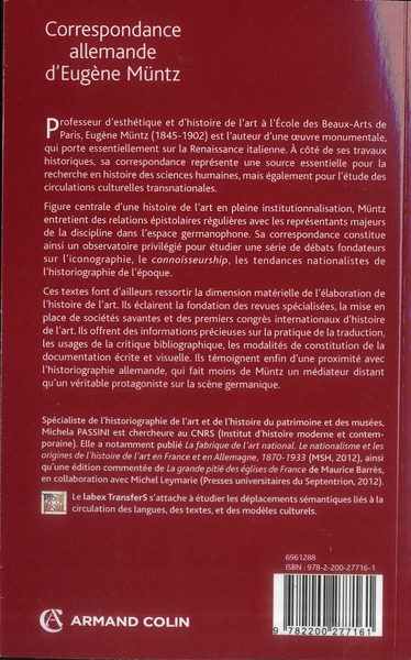 Quatrième de couverture de « CORRESPONDANCE ALLEMANDE D'EUGENE MUNTZ - LABEX TRANSFERS »