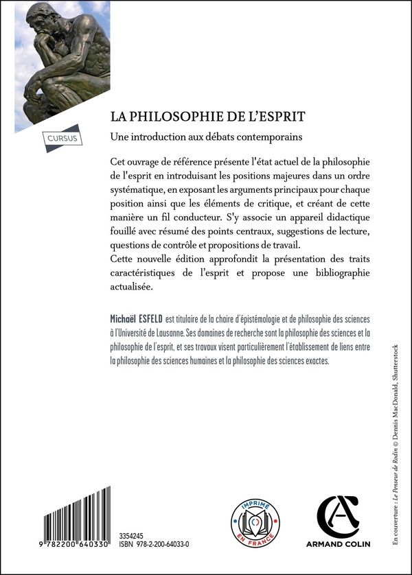 Quatrième de couverture de « La philosophie de l'esprit : une introduction aux débats contemporains »