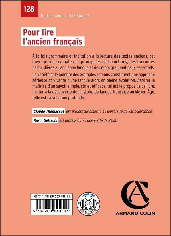 Quatrième de couverture de « Pour lire l'ancien français »