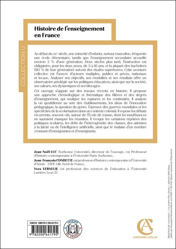 Quatrième de couverture de « Histoire de l'enseignement en France : XIXe-XXIe siècle »