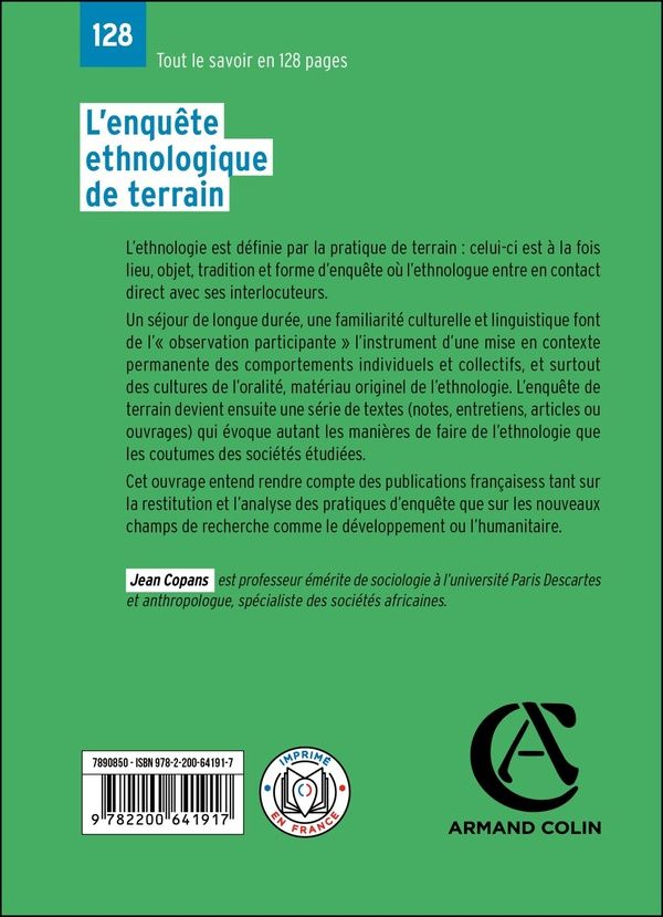 Quatrième de couverture de « L'enquête ethnologique de terrain »