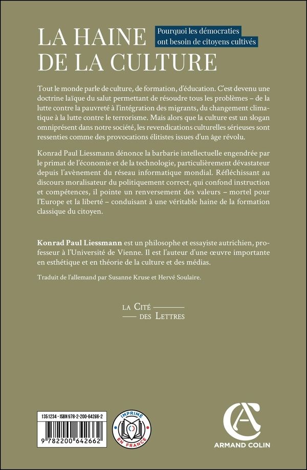 Quatrième de couverture de « La haine de la culture : pourquoi les démocraties ont besoin de citoyens cultivés »