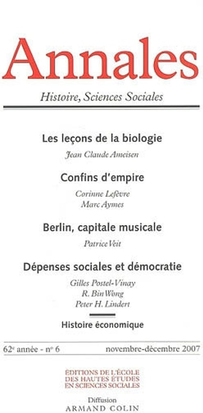 Couverture du livre « ANNALES. HISTOIRE, SCIENCES SOCIALES - VOL. 62 (6/2007) », librairie Les Contes Infusés à Corte