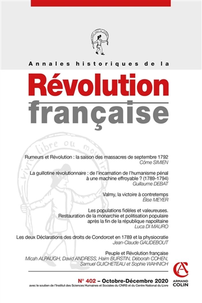 Couverture du livre « ANNALES HISTORIQUES DE LA REVOLUTION FRANCAISE N 402 4/2020 VARIA » de Collectif, librairie Les Contes Infusés à Corte