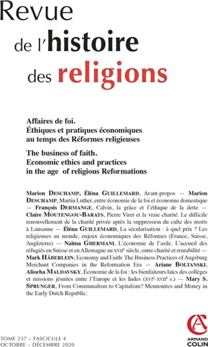 Couverture du livre « REVUE DE L'HISTOIRE DES RELIGIONS - N 4/2020 AFFAIRES DE FOI. ETHIQUES ET PRATIQUES ECONOMIQUES AU T » de Collectif, librairie Les Contes Infusés à Corte