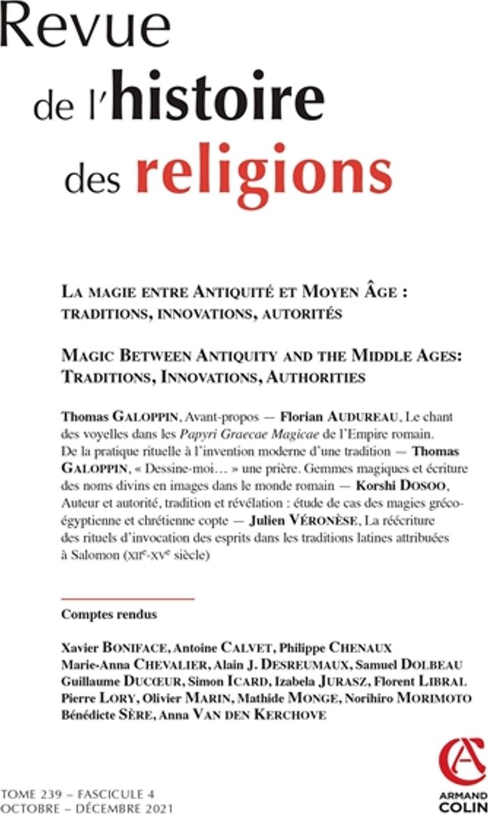 Couverture du livre « REVUE DE L'HISTOIRE DES RELIGIONS - N 4/2021 LA MAGIE AU PRISME DES TRADITIONS, INNOVATIONS ET AUTOR » de Collectif, librairie Les Contes Infusés à Corte