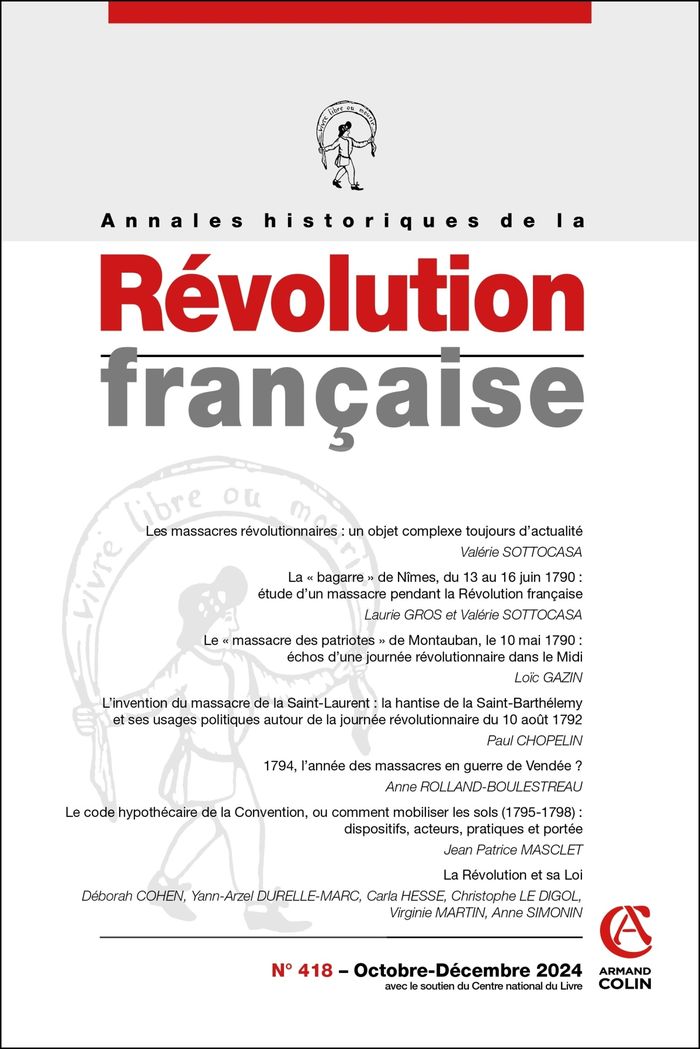 Couverture du livre « ANNALES HISTORIQUES DE LA REVOLUTION FRANCAISE N 418 4/2024 » de Collectif, librairie Les Contes Infusés à Corte