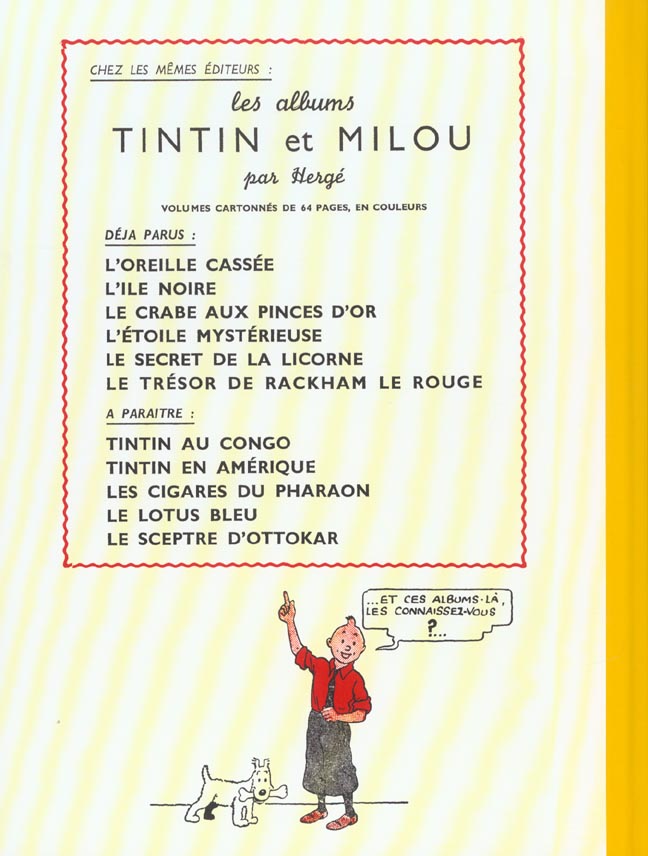 Quatrième de couverture de « TINTIN - FAC-SIMILE COULEURS - T12 - LE TRESOR DE RACKHAM LE ROUGE »