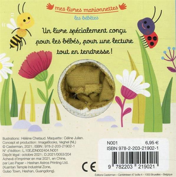 Quatrième de couverture de « LES BEBETES - T107 - HUGO L'ESCARGOT - LIVRE MARIONNETTE POUR BEBE - DES 3 MOIS »
