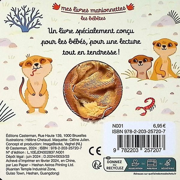 Quatrième de couverture de « LES BEBETES - T139 - ISAAC LE SURICATE - LIVRE MARIONNETTE POUR BEBE - DES 3 MOIS »