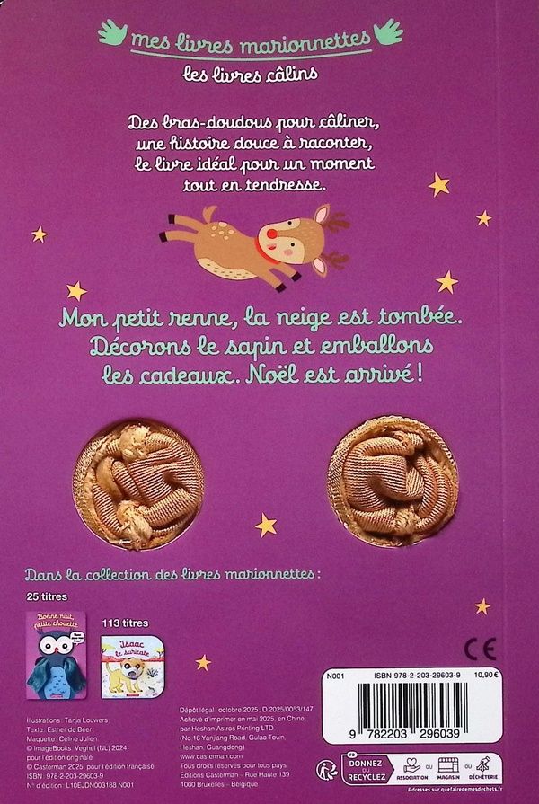 Quatrième de couverture de « VIENS DANS MES BRAS ! - MON PETIT RENNE DE NOEL - LIVRE MARIONNETTE POUR BEBE - DES 3 MOIS »