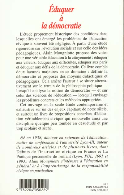 Quatrième de couverture de « EDUQUER A LA DEMOCRATIE »