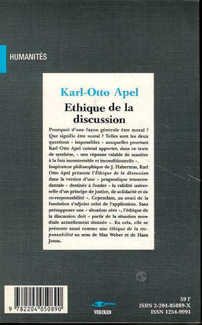 Quatrième de couverture de « ETHIQUE DE LA DISCUSSION »