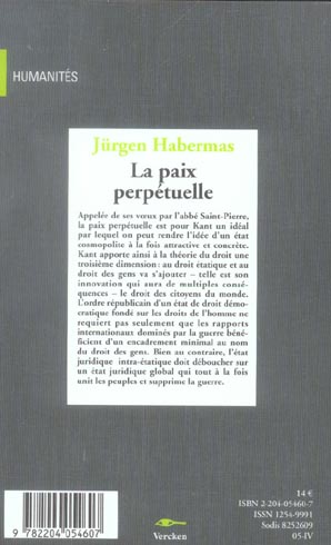 Quatrième de couverture de « LA PAIX PERPETUELLE »
