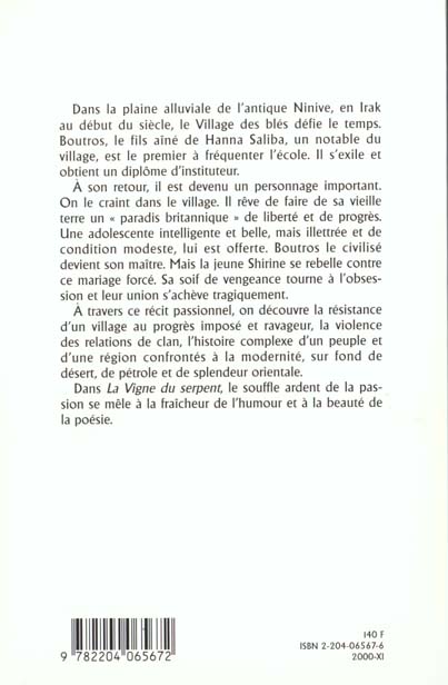 Quatrième de couverture de « LA VIGNE DU SERPENT »