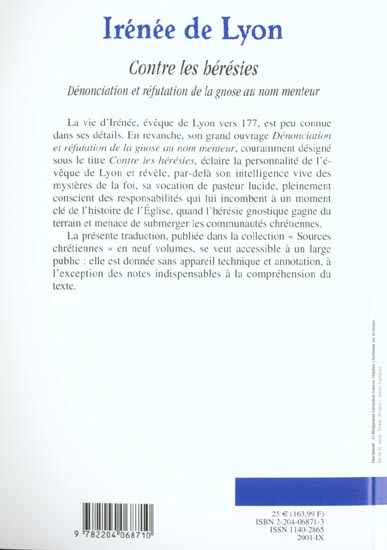 Quatrième de couverture de « CONTRE LES HERESIES »