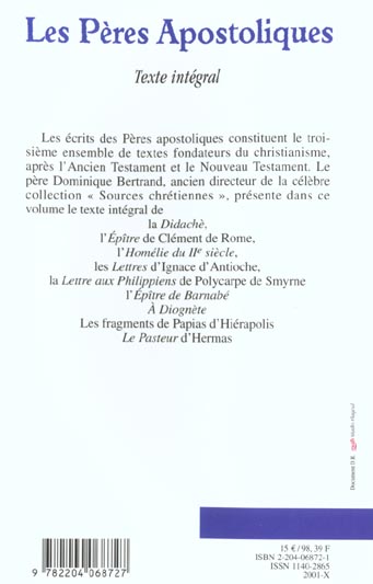 Quatrième de couverture de « LES PERES APOSTOLIQUES - TEXTE INTEGRAL »