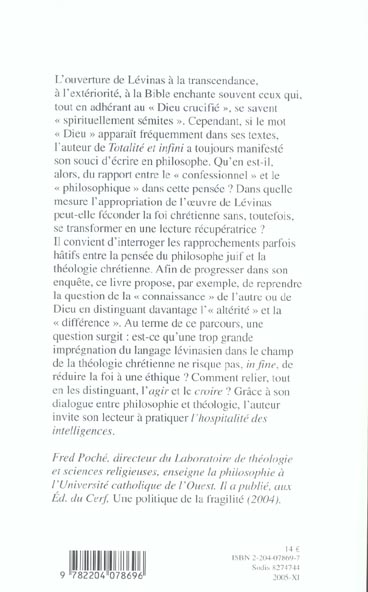 Quatrième de couverture de « LEVINAS, CHEMIN OU OBSTACLE POUR LA THEOLOGIE CHRETIENNE ? »
