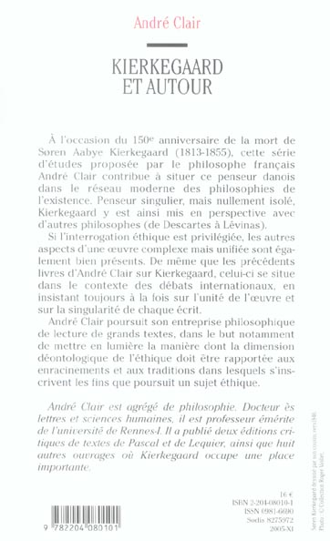 Quatrième de couverture de « KIERKEGAARD ET AUTOUR »