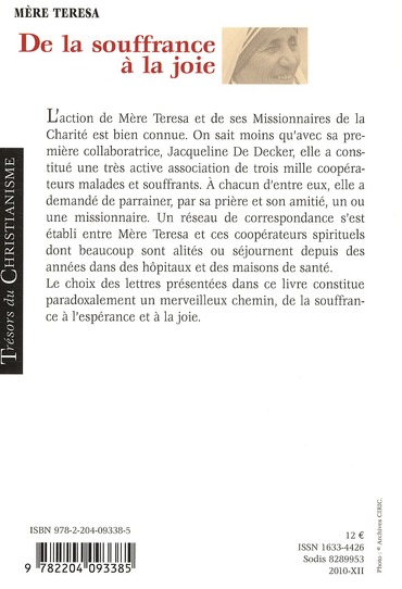 Quatrième de couverture de « DE LA SOUFFRANCE A LA JOIE »
