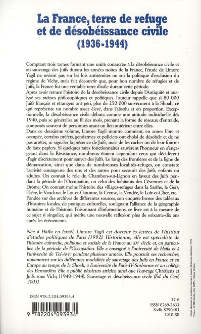 Quatrième de couverture de « LA FRANCE TERRE DE REFUGE ET DE DESOBEISSANCE CIVILE (1936-1944). TOME 2 - VOL02 »