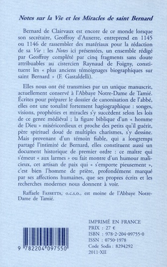 Quatrième de couverture de « SC 548 NOTES SUR LA VIE ET LES MIRACLES DE SAINT BERNARD »