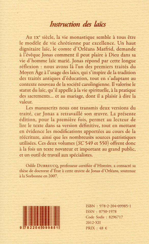 Quatrième de couverture de « SC 549 INSTRUCTIONS DES LAICS, I »