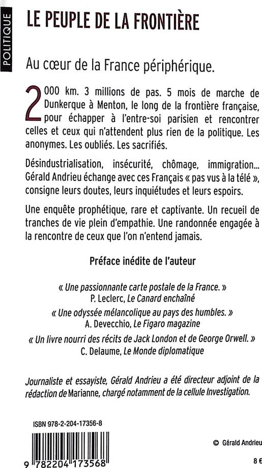 Quatrième de couverture de « Le peuple de la frontière : 2000 km de marche à la rencontre des Français qui n'attendaient pas Macron »